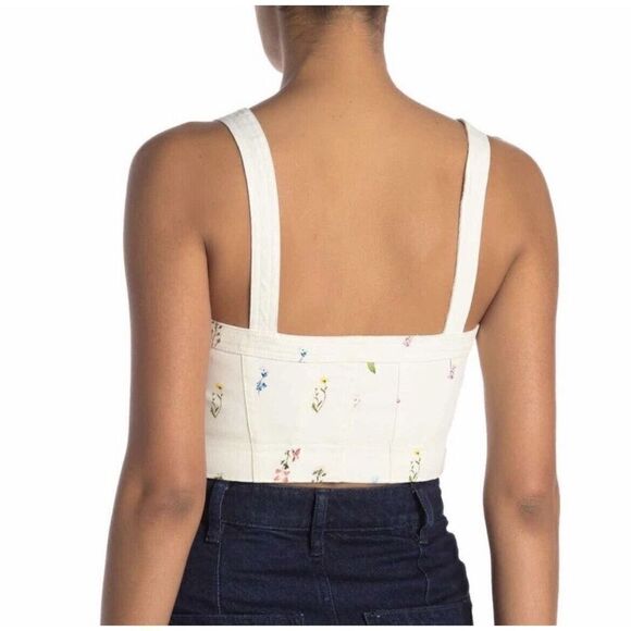 PARKER Womens Ivory Floral Denim Bustier Snap-Front Crop Top EUC Ivan Sz Large L - Picture 3 of 10